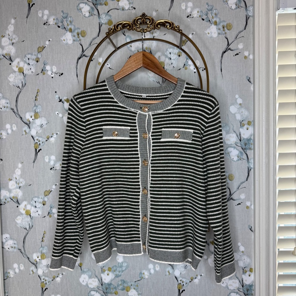 Olive Green White Striped Knit Cardigan Gold Button Crew Neck TL00103 L